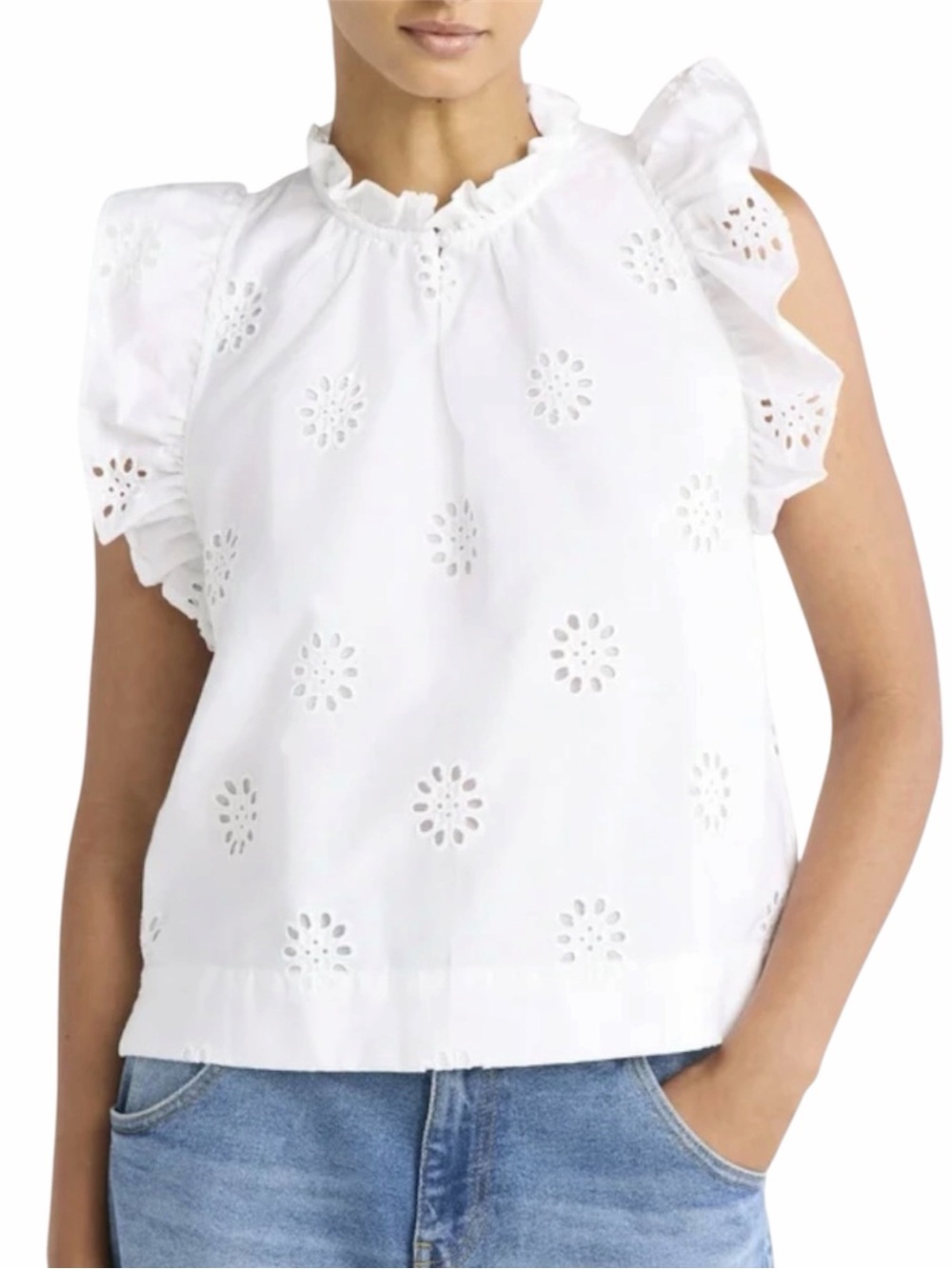 NWT Free Assembly Women's Cotton Eyelet Top With Flutter Sleeves, Size XL